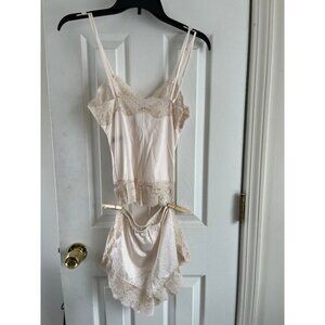 Vtg Formfit Rodgers Saks Fifth Avenue Silk 2 Piece Lingerie Lace Up Front Beige